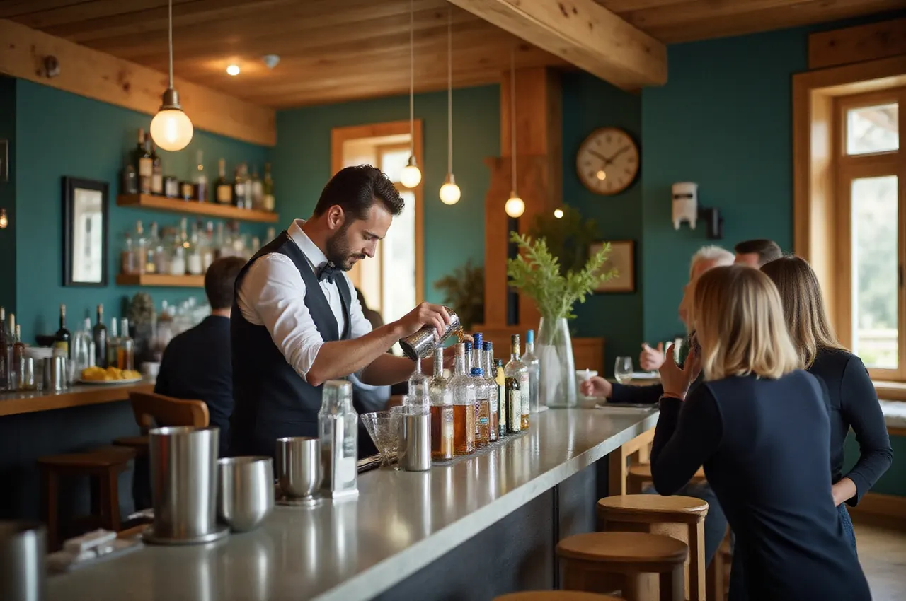 Barman w kamizelce przygotowuje drinki przy długim barze z podświetlonymi butelkami, w tle rozmawiający goście