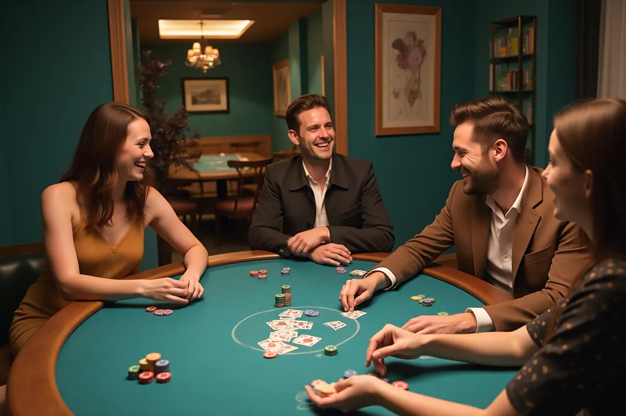 Przyjaciele śmieją się przy stole pokerowym z kartami i żetonami w kameralnym salonie