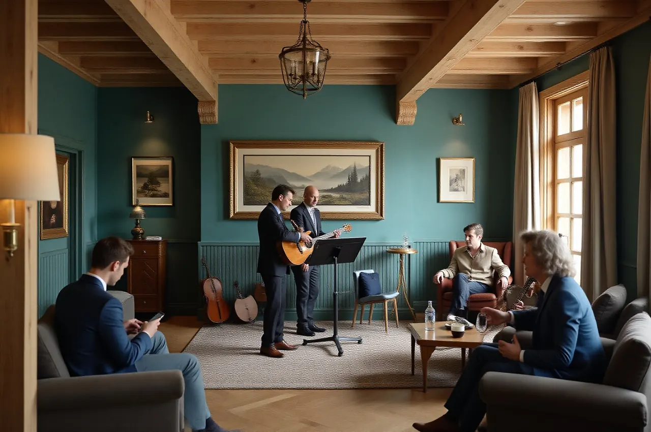 Trio jazzowe gra na niewielkiej scenie w lobby, goście słuchają przy stolikach