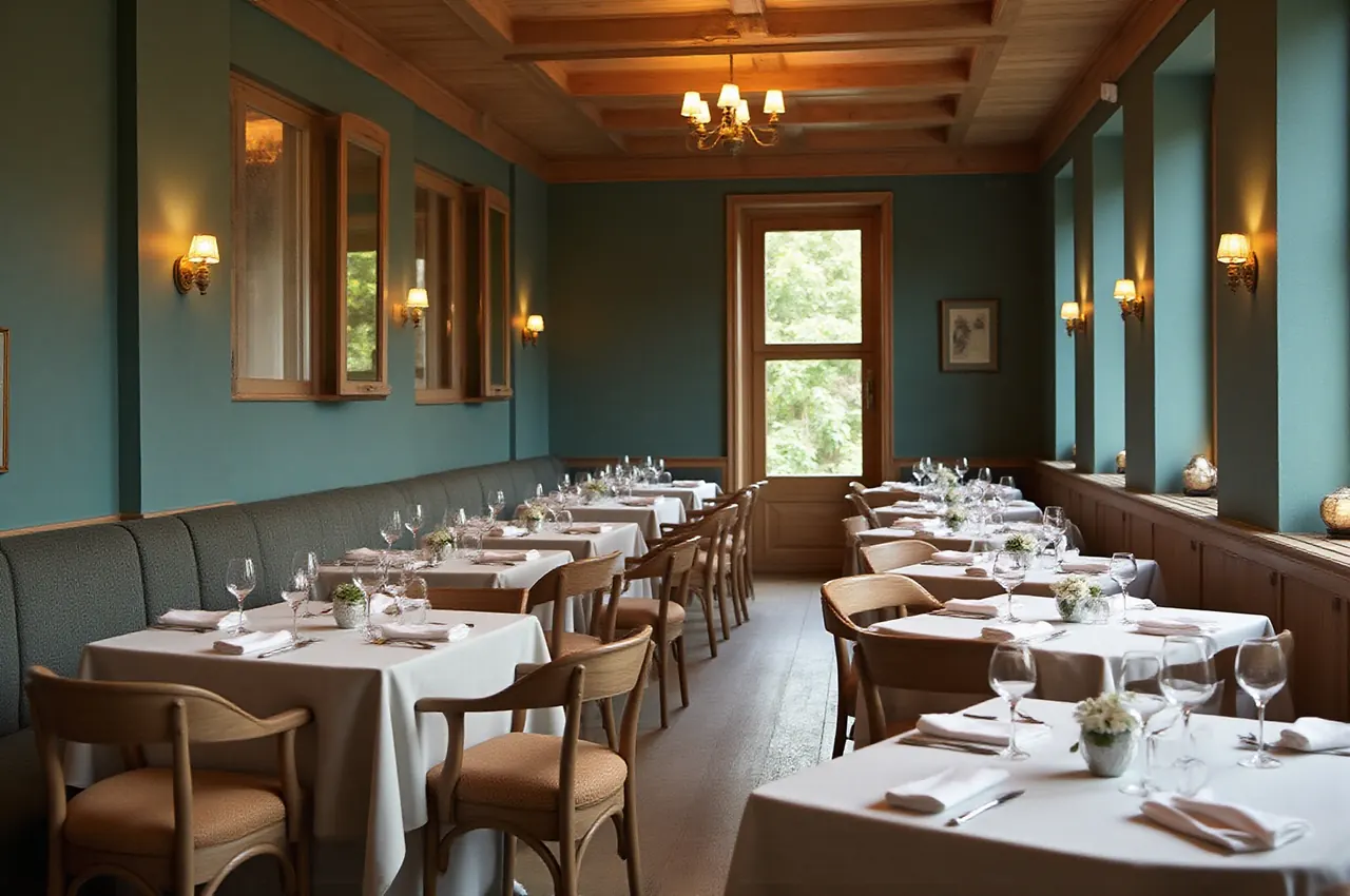Pusta sala restauracyjna przed otwarciem z nakrytymi stołami pod modrzewiowymi belkami