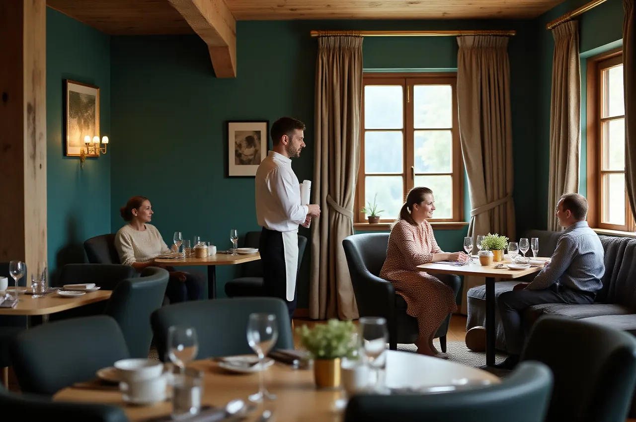 Goście odpoczywający w głębokich fotelach w lounge’u po kolacji, kelner podaje drinki