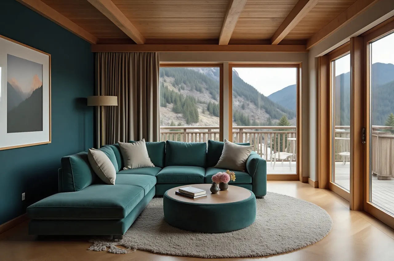 Salon apartamentu z sofą i panoramicznymi oknami